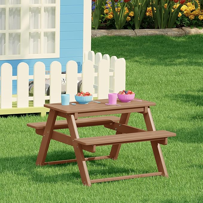 Costaelm Kids Picnic Table, HDPE All Weather Outdoor Toddler Picnic Table and Chair Set Kids Bench for Patio, Backyard, Garden, Lawn, Teak