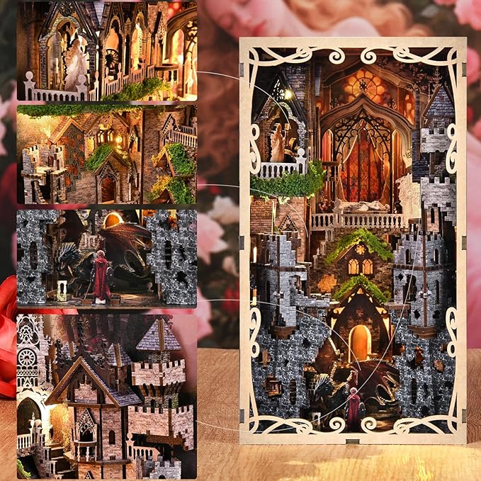 Book Nook Kit - DIY Doll House Booknook, Book Nook Miniature Kit for Bookshelf Doll Houses for Adults Teen Halloween, 3D Wooden Puzzle Bookends with Led Light and Dust Cover (Sleeping Beauty)