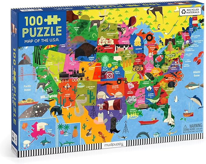 Mudpuppy Map of The USA – 100 Piece Jigsaw Puzzle with Colorful and Fun Illustrations of The United States Map for Children Ages 5 and Up