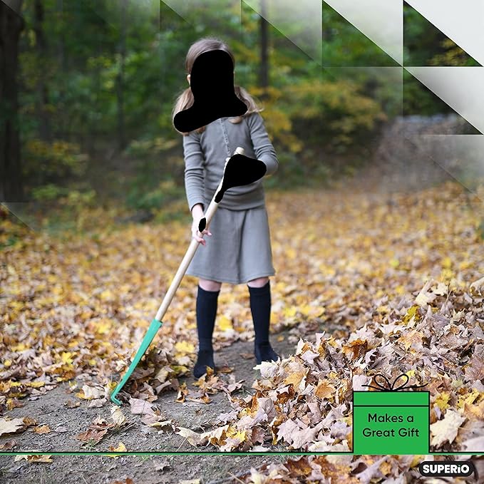 Superio Kids Rake with Hardwood Handle, Gardening and Lawn Care Tools for Kids, Sweep Leaves and Tidying Up The Garden, Plastic Tines and Heavy Duty Wooden Handle 34"