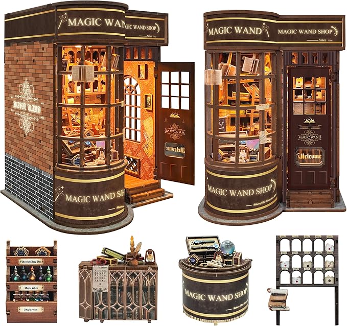 DIY Book Nook Kit,DIY Miniature Dollhouse kit,3D Wooden Puzzle Magic Bookend Bookshelf Insert Decor with Led Light,Gifts for Adults Teens and Beginners -Magic Wand Shop(SQ-51)