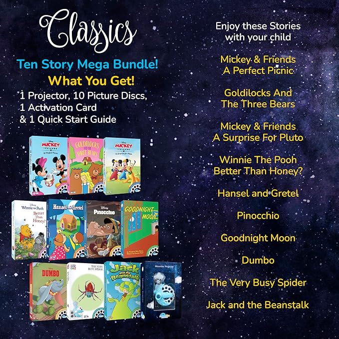 Moonlite Storytime Mini Projector with 10 Classic Stories, A Magical Way to Read Together, Digital Storybooks, Fun Sound Effects, Learning Gifts for Kids Ages 1 and Up