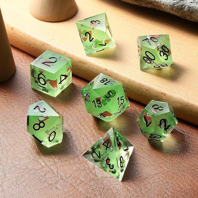 DNDND Full 7 Piece Sharp Edge Dice Set with Carton Stickers for Dungeons and Dragons D&D Table Games (Green with Carton)