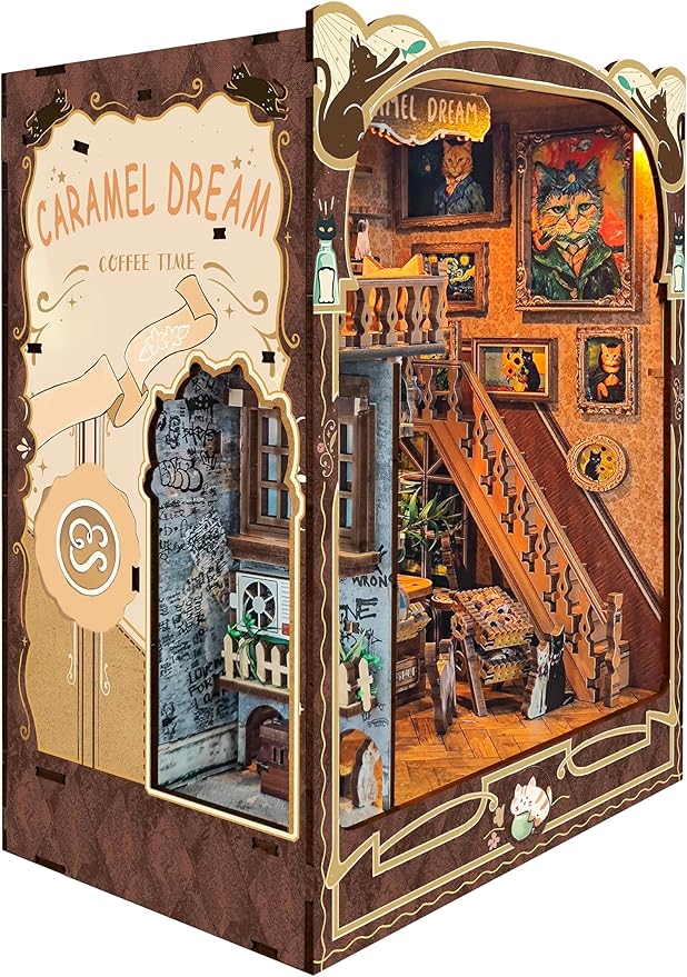Book nooks DIY Dollhouse Kit for Adults 3D Stereo Assembly Night Light Sensing Wooden Bookend Jigsaw Building Model Gifts for Family,Friends (Caramel Dreams)