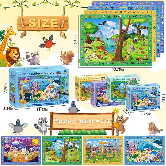 4 Pack Search and Find Puzzles for Kids Ages 4-6 6-8 8-10, Space Forest Ocean Amusement Park Kids Puzzles, 60 Pieces Jigsaw Puzzle for Adults Kids Learning Puzzle Toys Gifts for Girls Boys(14x10 inch)