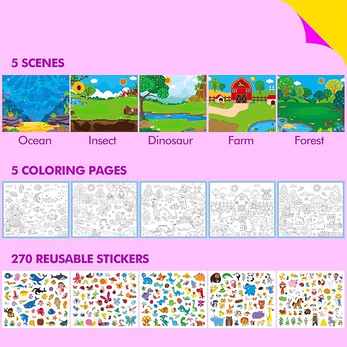 Reusable Sticker Activity Pad, 5 Large Size Scenes, 5 Coloring Pages & 270 Reusable Stickers, Statistic Sticker Pad for Preschool, Kids