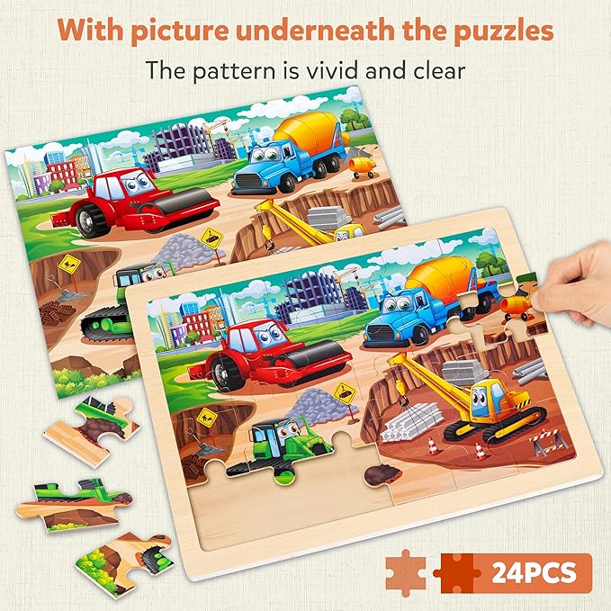 SYNARRY Large Wooden Construction Vehicle Puzzles for Toddlers 3-5, 24 Piece Monster Truck Puzzles for Kids Ages 4-6, Construction Toys for 3 4 Year Old, Kids Toys Gifts for 3 4 5 Year Old Boys Girls