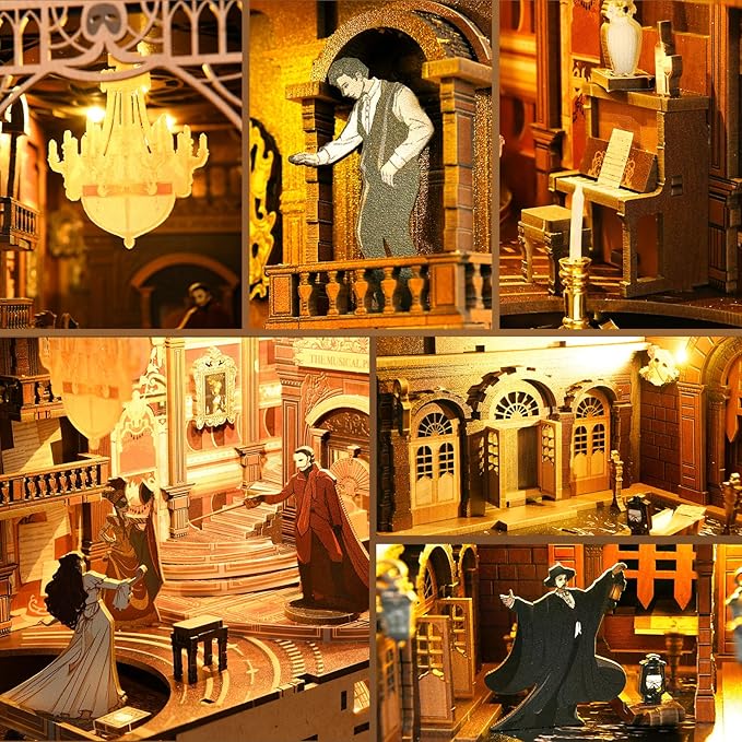 Book Nook Kit, DIY Miniature Dollhouse Booknook Kit, 3D Wooden Puzzle Bookend Bookshelf Insert with LED Light for Teens and Adults (Phantom of The Opera)