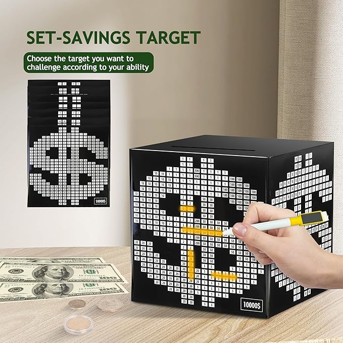 Primo Lines Piggy Bank for Adults,10k Savings Challenge Box, 5.91inch Money Saving Box 10,000 with Counter for Savings Goal $3000 $5000, Unbreakable Metal Cash Box with Money Target, Kakeibo Money Box