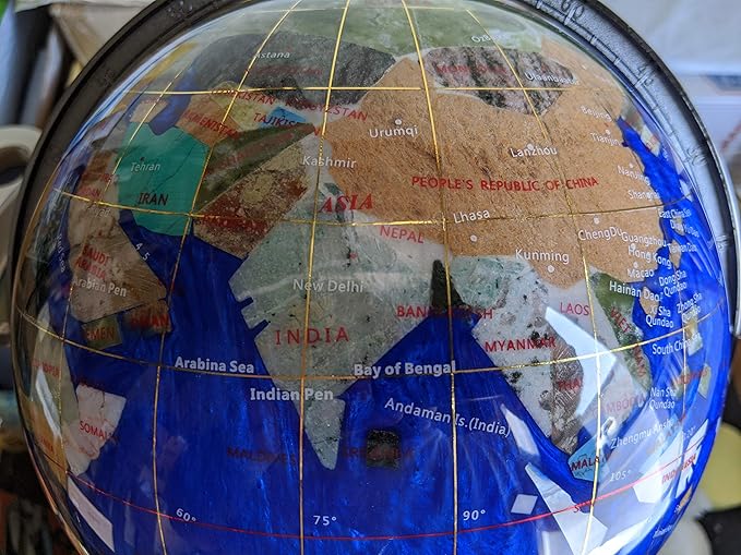 Limited Edition! Unique Art Since 1996 Blue Pearl Swirl Table Top Gemstone World Globe with Silver Zinc Alloy Stand (220MM/9 INCHES 4 LEG/BLUE PEARL OCEAN)
