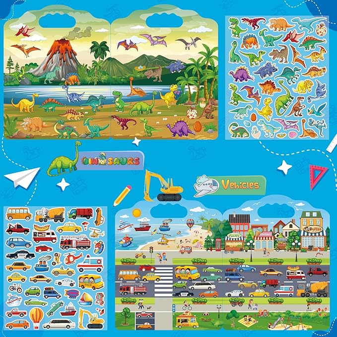 6Set Reusable Sticker Books for Toddlers 2-4 Years, Toddler Sticker Books Ages 1-3, Kids Puffy Activity Book Set Include Animal,Farm,Princess,Vehicles,Ocean,Dinosaurs