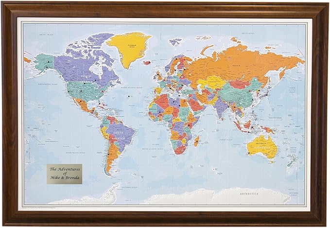 Push Pin Travel Maps - Customizable Blue Oceans World with Brown Frame- 27.5" x 39.5" - 8 Handcrafted Frame Options - Made in USA - Ideal for Adventurous Travelers