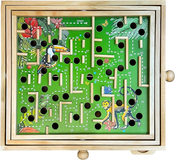 STERLING Wooden Labyrinth Marble Maze Game, Large 12.75" x 11.5" Tilt Maze Game Board with 60 Waypoints and Marble Balls Included, for Kids and Adults 6 Years and Up, Natural Jungle