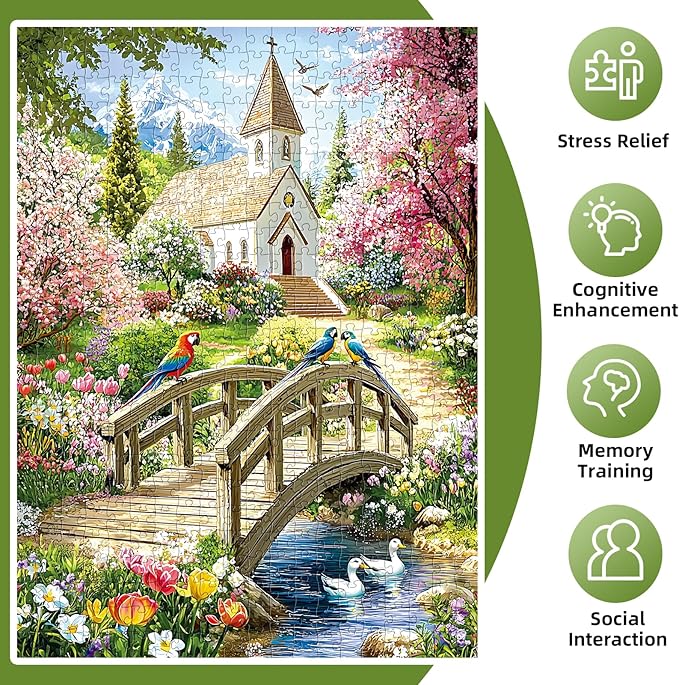 Puzzles for Adults 500 Pieces,Charming Lakeside Church Puzzle for Adults,Beautiful Flower & Parrot Jigsaw Puzzles for Kids Seniors Teens,Puzzles for Family Game Nights & Holiday Party Gifts,20.5x15 In