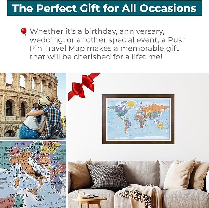 Push Pin Travel Maps Canvas - Personalized Blue Oceans World with Rustic Brown Frame