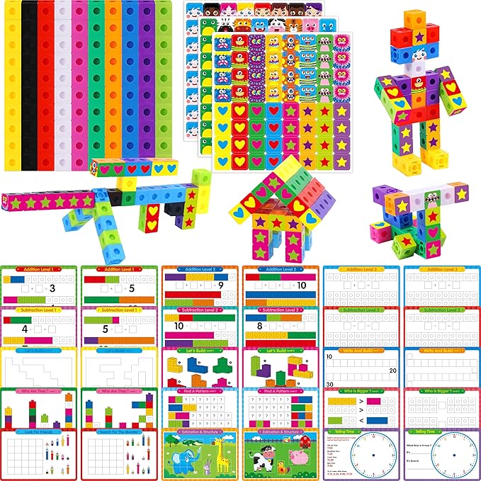 Math Linking Cubes, 100 Math Cube Manipulatives with 30 Learning Activities Plus 192 Reusable Stickers, Number Counting Blocks Snap Linking Math Counters, Fun & Educational Pre-K Counting Blocks