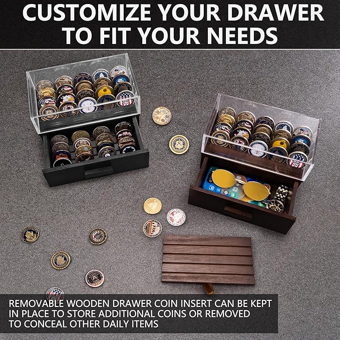 Wooden Display Case with Clear Cover - Medium Coin Stand Holds 20 Coins on Top & 16 in Storage Drawer - Poker Chip Display Case - Brown
