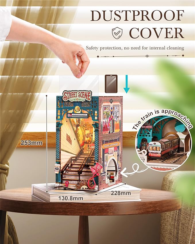 Rolife DIY Book Nook Kits Sunset Street Scene, Endless Stairs Bookshelf Decor 3D Wooden Puzzles for Adults, DIY Miniature House Model Building Kits, DIY Crafts/Birthday Gifts for Teens & Book Lovers