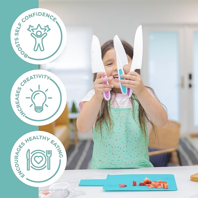 Tovla Jr. Kid Safe Knife Set for Real Cooking | 3-Piece Toddler Kitchen Knives | Montessori & STEM Cooking Tools Ages 4–12 | BPA-Free, Dishwasher-Safe | Christmas, Birthday & Stocking Stuffer Gift
