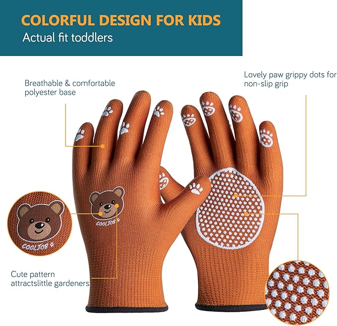 COOLJOB Medium Toddler Gardening Gloves for Little Boys Girls Ages 4-6, Breathable Kids Work Gloves with Grippy Animal Paw Dots for Children Yard Landscape, Brown Bear, 1 Pair