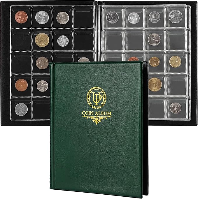200 Pockets Coin Album - Coin Collecting Book with 10 Pages, 33x33 mm Grid Holder for Pounds Pence Cents Dollars Nickel (Green) CS48200GR
