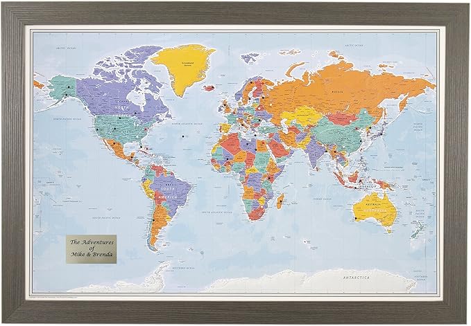 Push Pin Travel Maps - Customizable Blue Oceans World with Barnwood Gray Frame- 27.5" x 39.5" - 8 Handcrafted Frame Options - Made in USA - Ideal for Adventurous Travelers