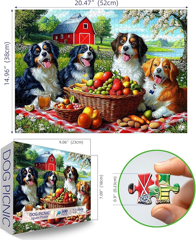 Puzzles for Adults 500 Pieces Cute Dogs Jigsaw Puzzles 500 Pieces Difficult Fun Puppy Autumn Picnic Unique Family Puzzle Challenging Games Gift for Teens Kids Adults (21"x15")