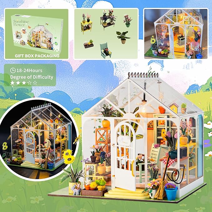 Flever DIY Miniature House Kit, Tiny Home Kit with LED Light, Mini House Build Craft Kits for Adults and Teens, Home Decor Creative Gift for Family/Friends(Sunshine Flower)