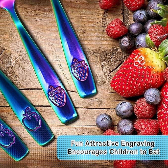 CHILLOUT LIFE Stainless Steel Kids Silverware Set 6 Pieces - Child and Toddler Safe Flatware - Kids Utensil Set - Metal Kids Cutlery Set (Includes 3 Small Kids Spoons & Kids 3 Forks, UV Rainbow)