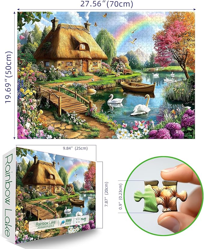 Cottage Lake Scene 1000 Piece Jigsaw Puzzle for Adults Swan Rainbow Flowers House Garden Landscape Challenging Family Puzzle Perfect for Game Nights (27.5"X19.6")