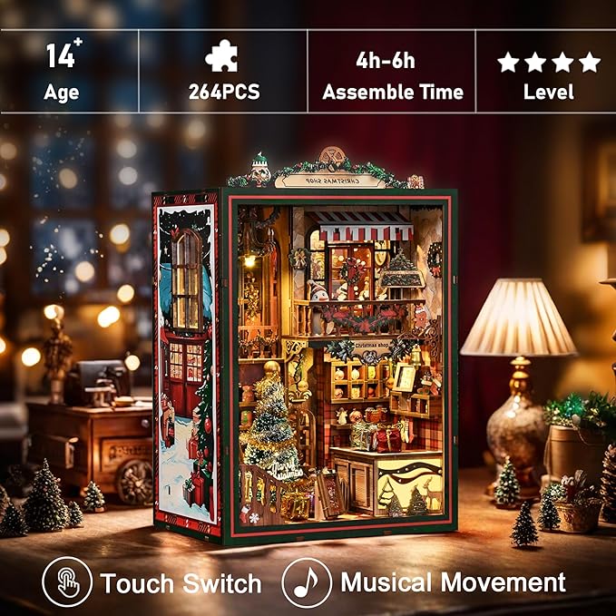 ISSEVE Book Nook Kit - DIY Miniature House Kit for Adults Teens Beginners, Christmas Dollhouse Booknook with Music Mechanism Tiny House Bookshelf Decoration 3D Wooden Puzzles (Christmas Shop)