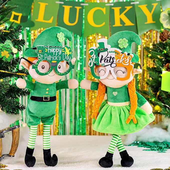 Gloveleya Plush Dolls Saint Patrick's Day Gifts Soft Blessings Doll Shamrock Wishes Plush Elf Baby Girl Gifts 16" Green