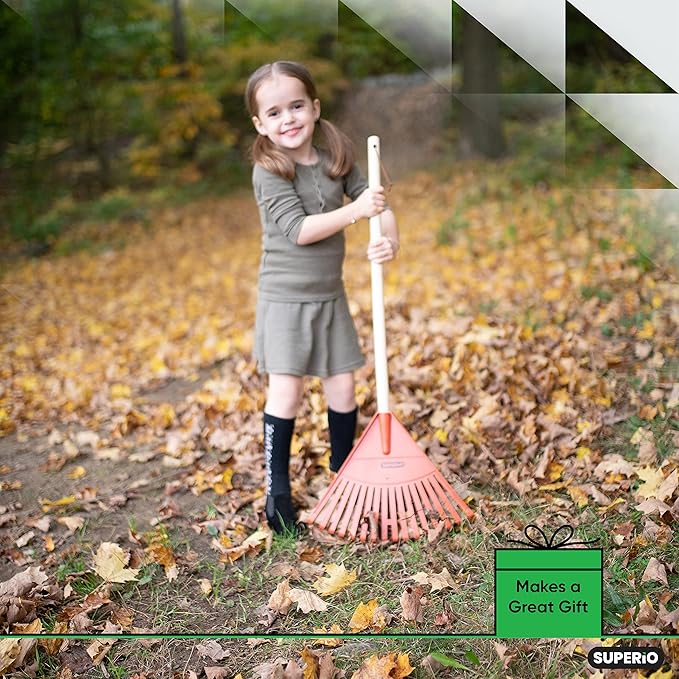 Pack of 2 Kids Rake with Hardwood Handle, Durable Plastic Head to Sweep Leaves in Lawn and Tidying Up The Garden, 34" (Orange)