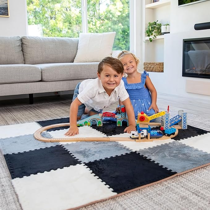 16 Piece Carpet Squares Puzzle Mat 49" x 49" Plush Interlocking Carpet Tiles, Foam Floor Tiles for Baby Play Mat - Kids Soft Play Mats Anti Slip Jigsaw Flooring Playmat Playroom Rug (Black,Gray,White)