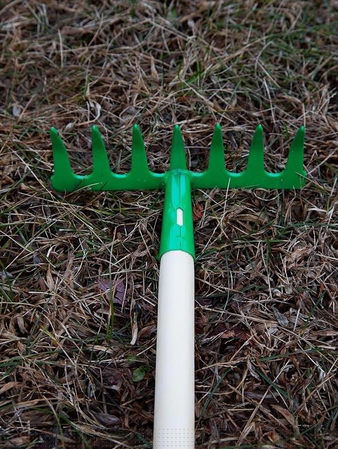 JustForKids Kids Garden Tool Set Toy, Rake, Spade, Hoe and Leaf Rake, reduced size , made of sturdy steel heads and real wood handle, 4-Piece, Multicolored, 5yr+