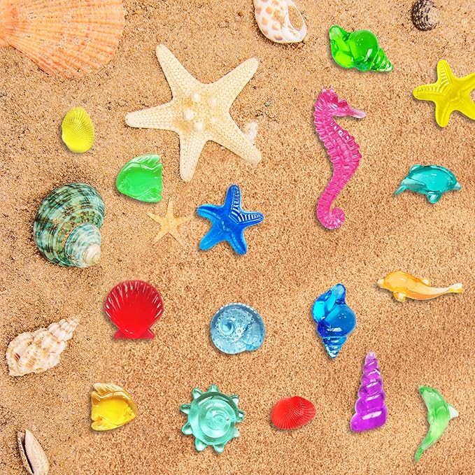 100+ Pcs Sea Shell Ocean Sensory Bin Filler, Diving Gem Pool Toys for Kids, Mini Acrylic Plastic Seashells Animals Figurines Decorating, Little Mermaid Party Favors, 15 Colors 12 Styles