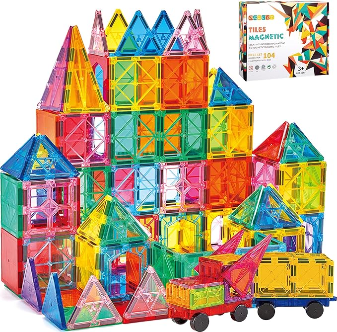 104PCS Magnetic Building Tiles, STEM Educational Stacking Blocks, Construction Toys for Kids Ages 3-9, Creative Toddler Boy Girl Christmas Birthday Gift