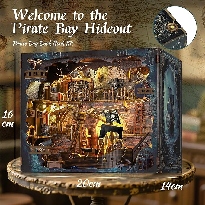 Book Nook Pirate Kit - DIY Miniature House Kit for Adults, Teens, Dollhouse Booknook Bookshelf Insert Decor with LED Light, 3D Wooden Puzzle Gifts for Family, Friends