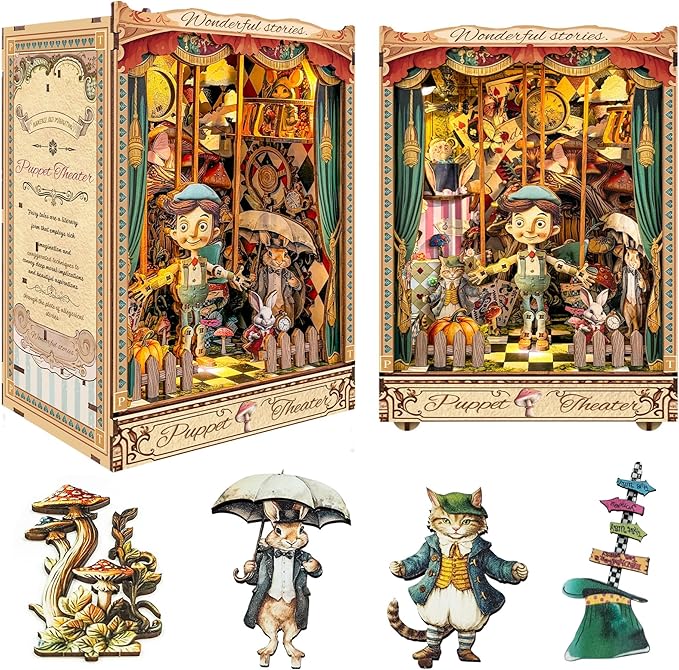 [2025 New] Puppet Theater Book Nook Kit with Dust Cover & LED Light, DIY Miniature House Kit Toy, 3D Wooden Puzzle Bookshelf Decor Building Kit, Birthday Gifts for Family & Friends