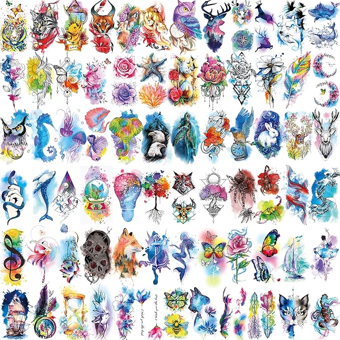 86 Sheets Temporary Tattoo, 14 Sheets Large Half Arm Fake Flower Cat Owl Lion Tattoos, 72 Sheets Tiny Waterproof Semi Permanent Temporary Tattoos Realistic for Women Girls Kids Adults