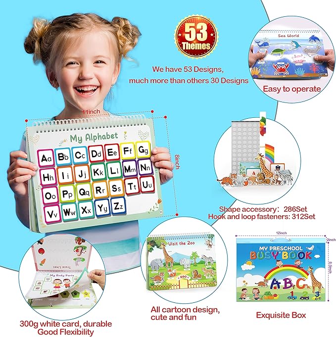 WJPC 53 Designs Busy Book for Toddlers 1,2,3,4,5,6 Years. Preschool Learning Busy Board Kids Boys&Girls Quiet Montessori Toddler Activity Book, Tracing Coloring