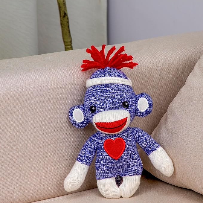 Plushland Adorable Sock Monkey, The Original Traditional Hand Knitted Stuffed Animal Toy Gift-for Kids, Babies, Teens, Girls and Boys Baby Doll Present Puppet 6 Inches (Blue)