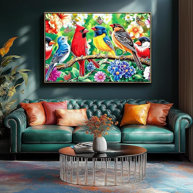 500 Piece Bird Jigsaw Puzzle for Adults - 23x15 Inch Vibrant Cardinal & Blue Bird with Flowers & Butterflies, Unique Art Puzzle for Home Decor & Gift
