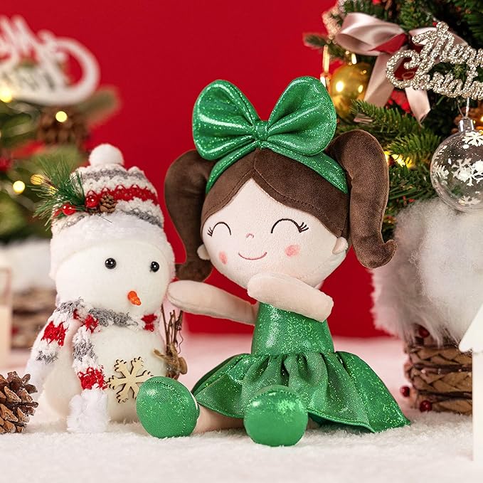Gloveleya Christmas Baby Doll – Soft Plush Girl Toy in Green Dress, Doll for Kids, Xmas Décor & Keepsake, 12 Inches