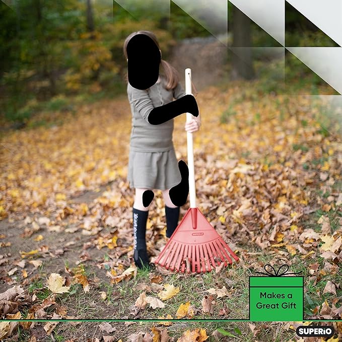 Superio Kids Rake with Hardwood Handle, Durable Plastic Head to Sweep Leaves in Lawn and Tidying Up The Garden, 34"