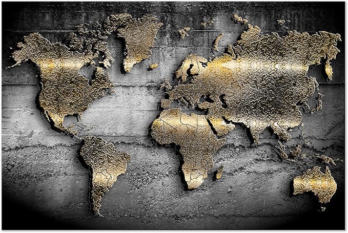 artgeist Textured Canvas Wall Art World map 24x16 in - 1pcs Painting Canvas Prints Picture Artwork Image Framed Contemporary Modern Photo Wall Home map Continents Black k-A-0498-b-a