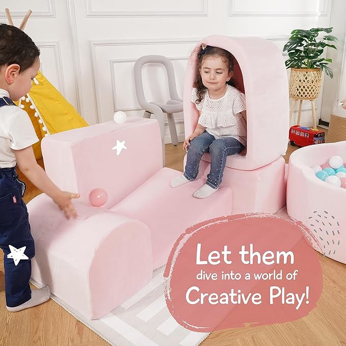 Foam Climbing Blocks for Toddlers & Babies – 5-Piece Soft Playset with High-Density Memory Foam & Velvet Cover – Indoor Climb and Crawl Activity Play Set for Motor Skills Imaginative Active Fun - Pink