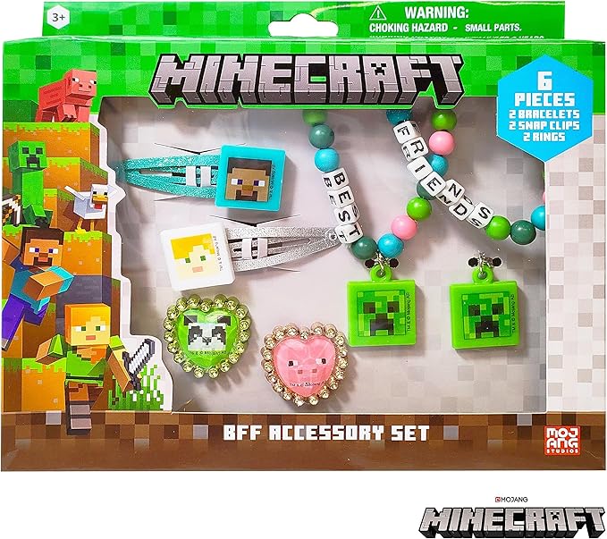 LUV HER Minecraft Girls BFF 6 Piece Toy Jewelry Box Set with 2 Rings, 2 Bead Bracelets and Snap Hair Clips Ages 3+