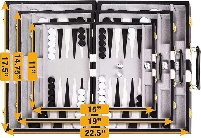 Backgammon Set 18 inch, Large - Classic Board Game for Adults and Kids with Premium Leather Case - Includes Strategy & Tip Guide (Black)