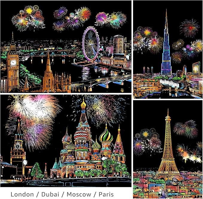Scratch Art for Kids & Adults, Rainbow Engraving Painting Landscape Scratchboard(A4) Crafts Set: 8 Sheets 4 tools - Fireworks, Big Ben, Tower Bridge, Cristo Redentor, Ferris Wheel(Landmark Building)